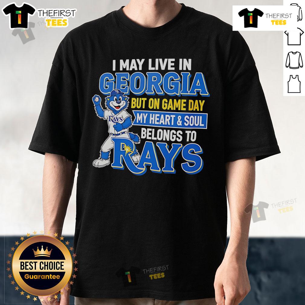 Alt Text: Pretty t-shirt saying 'I May Live In Georgia But On Game Day My Heart Belongs To The Tampa Bay Rays' in vibrant colors.