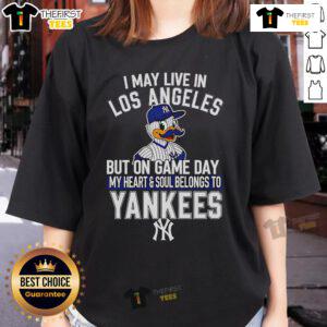 Ladies tee featuring 'My heart belongs to the New York Yankees' design, perfect for game day in Los Angeles.