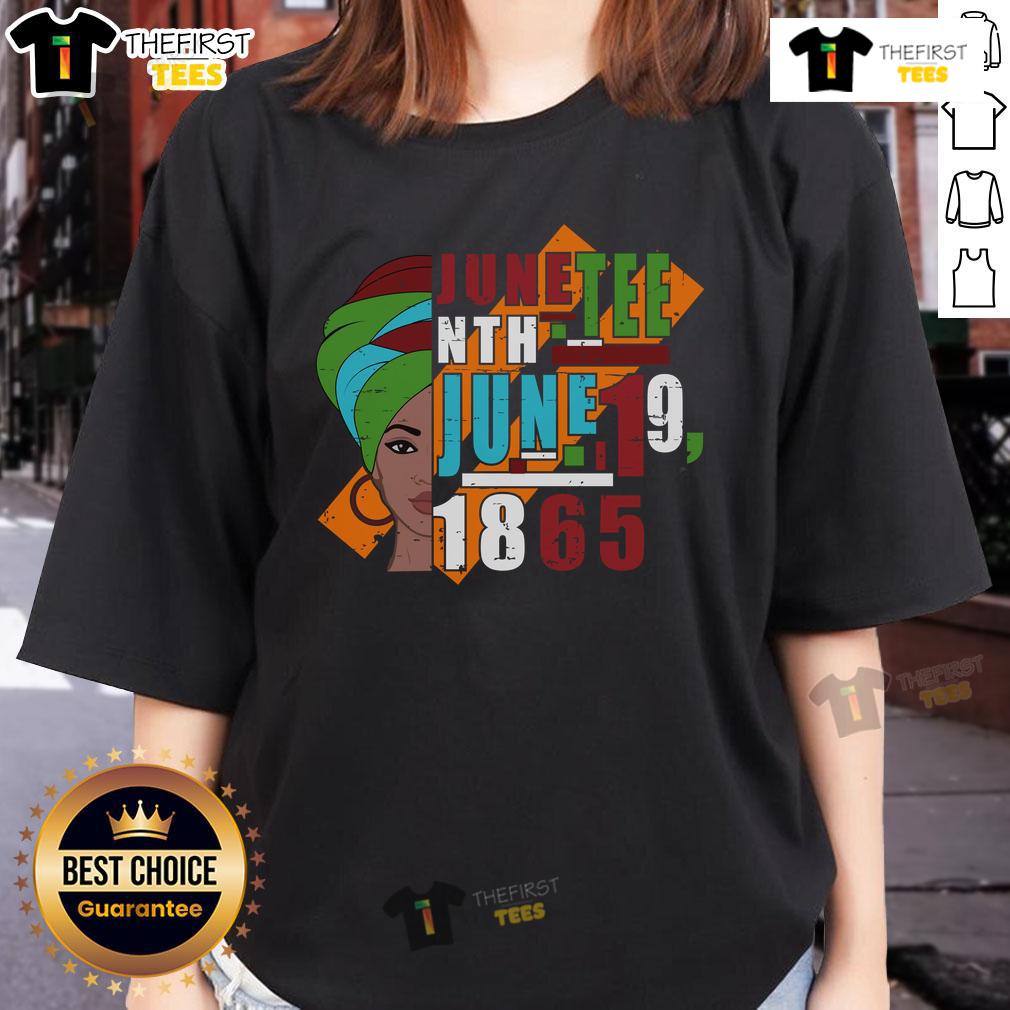 Pretty Juneteenth June 19, 1865 ladies tee featuring vibrant colors and empowering design celebrating freedom and heritage.