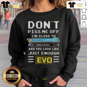 Close-up of the 'Don't Piss Me Off, I'm Close to Max Level' Evo sweatshirt in vibrant colors, perfect for gamers.