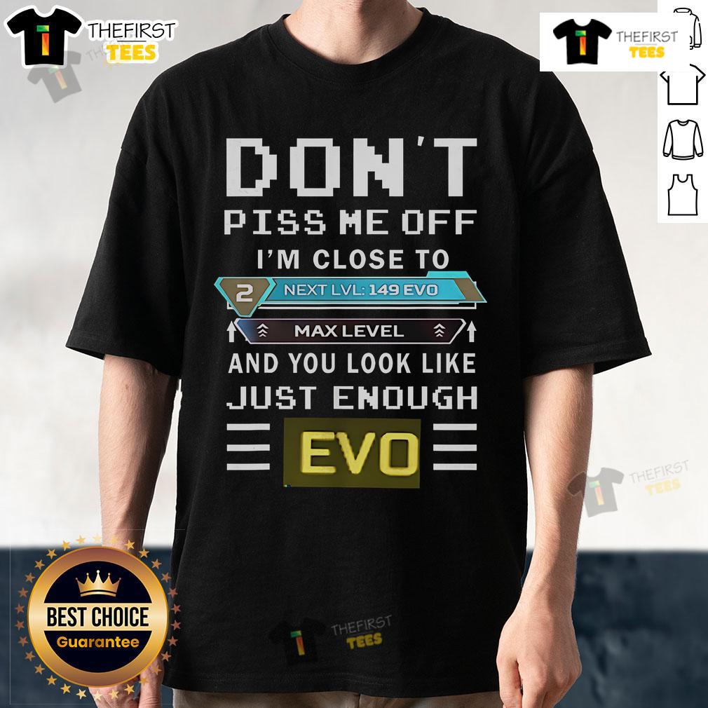 Alt Text: Funny 'Don't Piss Me Off I'm Close To Max Level' T-Shirt for gamers, featuring evolution graphics and bold text design.