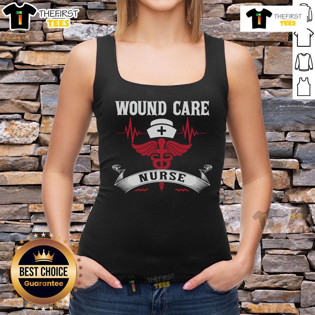 Awesome wound care nurse tank top featuring caduceus, nurse hat, and heartbeat design for medical professionals.