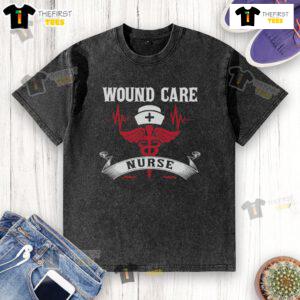 Awesome wound care nurse t-shirt featuring caduceus symbol, nurse hat, and heartbeat design for healthcare professionals.