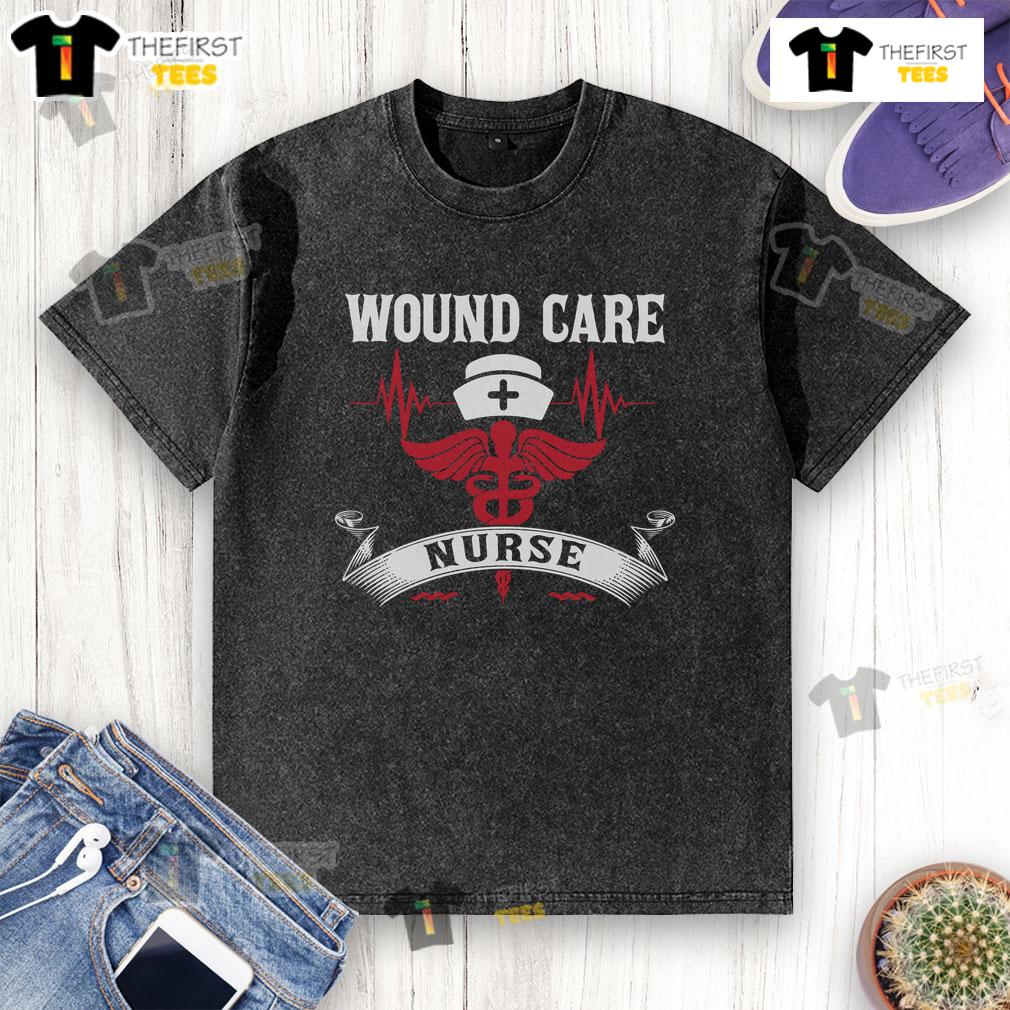Awesome wound care nurse t-shirt featuring caduceus symbol, nurse hat, and heartbeat design for healthcare professionals.