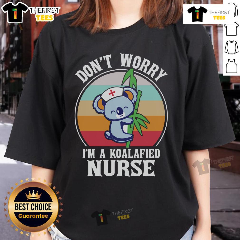 Cute 'Don't Worry, I'm A Koalafied Nurse' ladies tee showcasing a playful design perfect for nursing professionals.