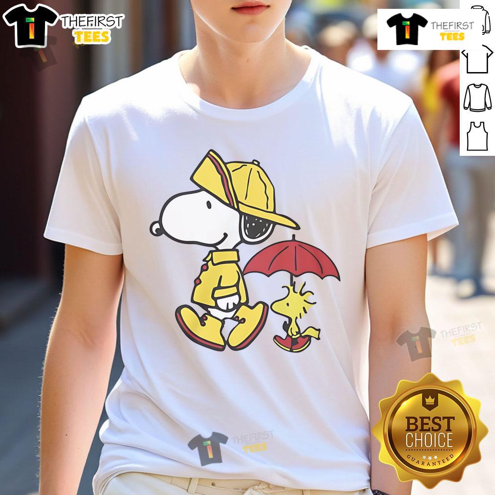 Alt Text: Cute Peanuts Snoopy & Woodstock rainy day t-shirt featuring vibrant colors and playful design, perfect for fans.