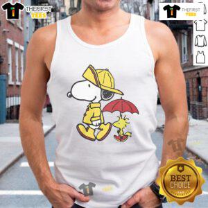 Cute Peanuts Snoopy and Woodstock tank top design for rainy days, featuring vibrant colors and playful graphics.