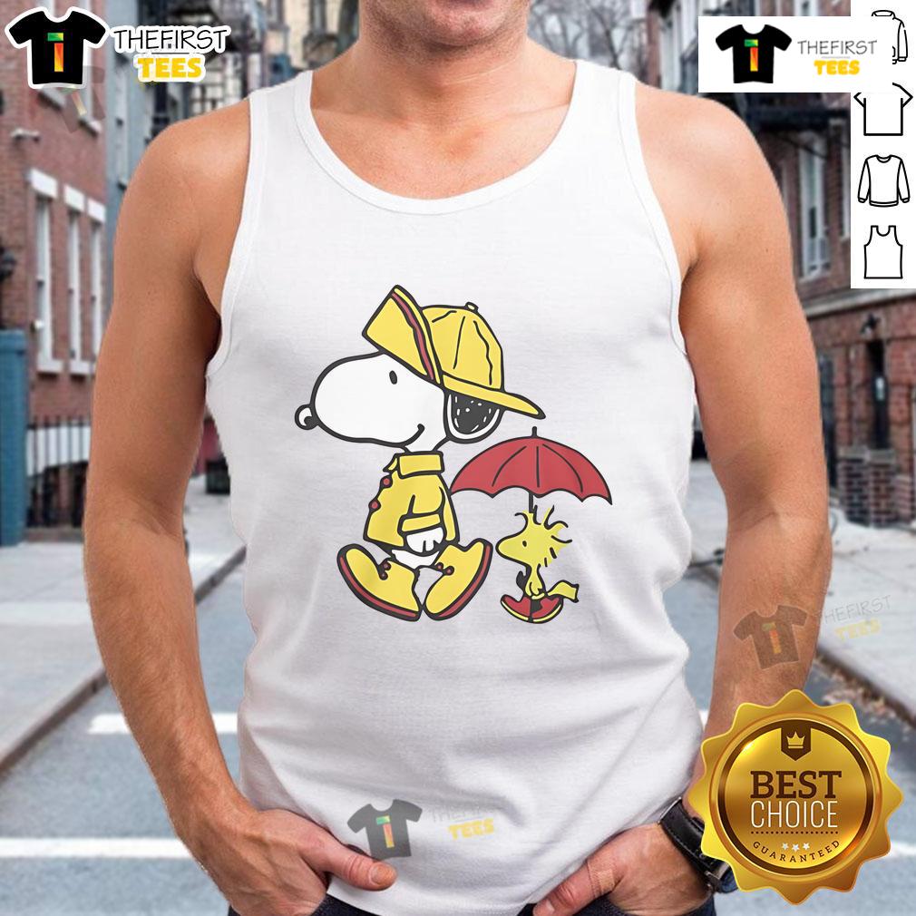 Cute Peanuts Snoopy and Woodstock tank top design for rainy days, featuring vibrant colors and playful graphics.