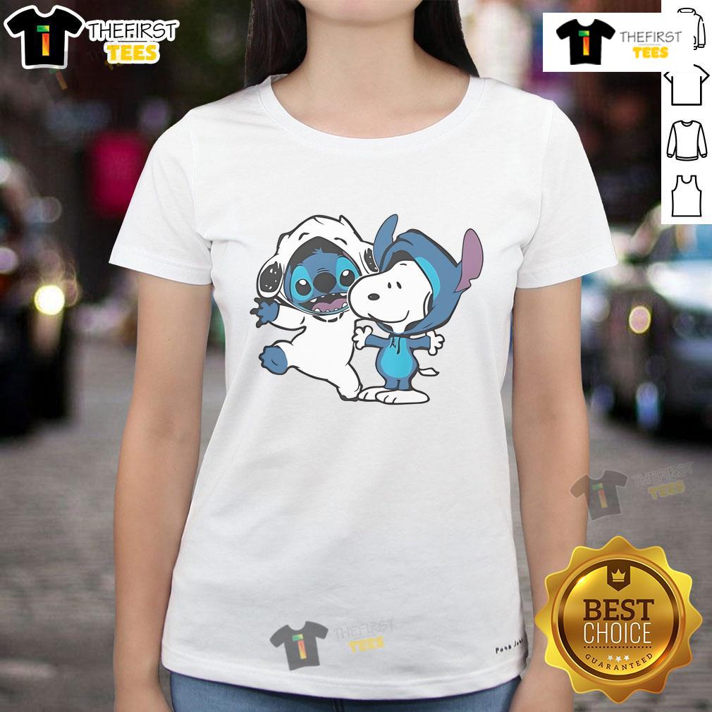 Cute Snoopy and Stitch ladies tee featuring vibrant graphics, perfect for casual wear and fans of animated characters.