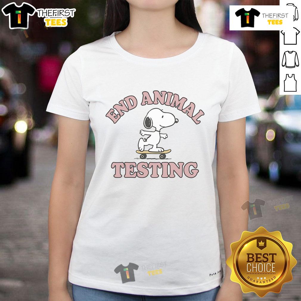 Adorable Snoopy graphic on a ladies tee promoting an end to animal testing. Cute and stylish apparel for animal lovers.