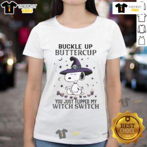 Alt Text: Cute Snoopy Halloween tee with 'Buckle Up Buttercup, You Just Flipped My Witch Switch' design for ladies
