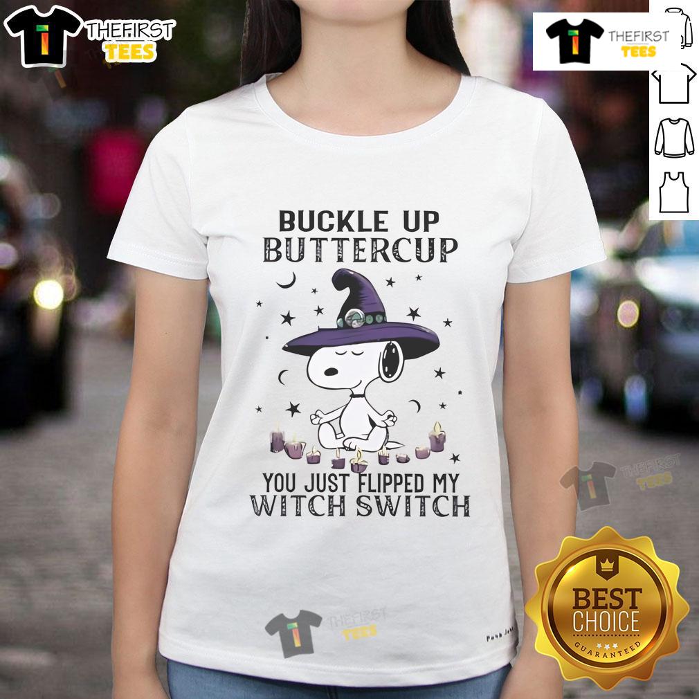 Alt Text: Cute Snoopy Halloween tee with 'Buckle Up Buttercup, You Just Flipped My Witch Switch' design for ladies