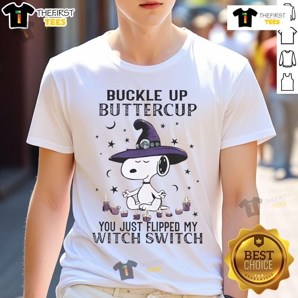 Adorable Snoopy Halloween 'Buckle Up Buttercup' T-shirt featuring a playful witch design for festive celebrations.