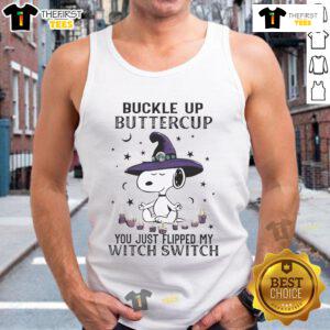Cute Snoopy Halloween tank top with 'Buckle Up Buttercup, You Just Flipped My Witch Switch' design for festive fun.