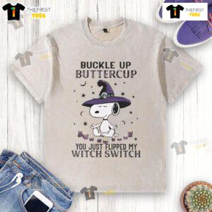Cute Snoopy Halloween t-shirt with 'Buckle Up Buttercup, You Just Flipped My Witch Switch' graphic design.