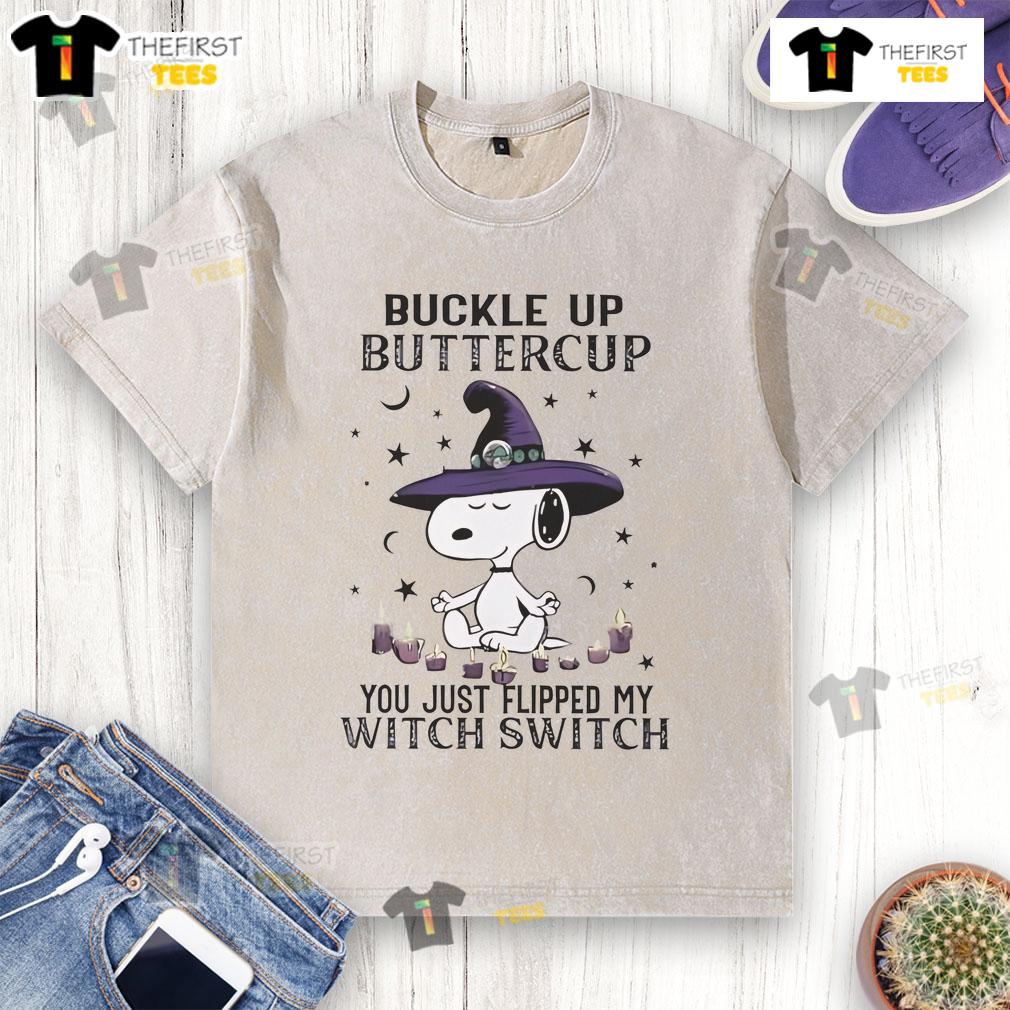 Cute Snoopy Halloween t-shirt with 'Buckle Up Buttercup, You Just Flipped My Witch Switch' graphic design.