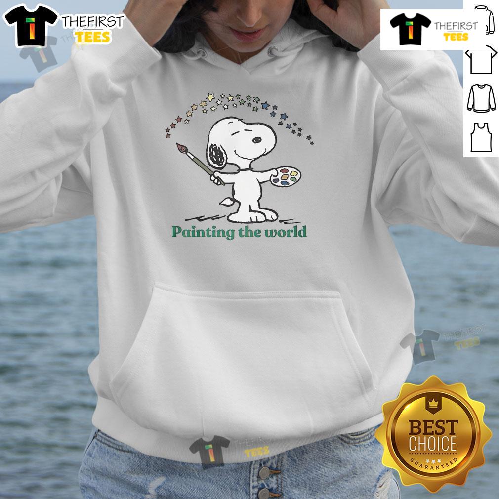 Alt Text: Cute Snoopy painting the world design on a cozy hoodie, perfect for fans of Peanuts and stylish casual wear.
