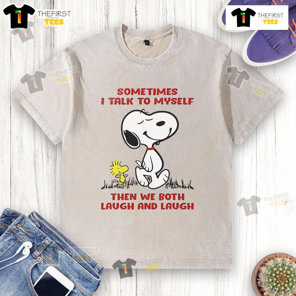 Alt Text: Cute Snoopy Sometimes I Talk To Myself washed t-shirt featuring a playful design of Snoopy laughing with text.