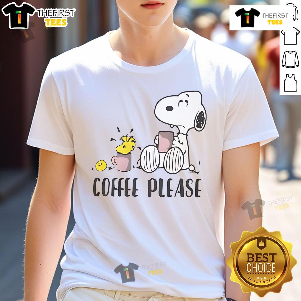 Alt Text: Cute Snoopy Woodstock Coffee Please T-Shirt featuring Snoopy and Woodstock enjoying coffee together in a playful design.
