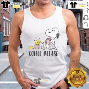 Cute Snoopy and Woodstock coffee please tank top design featuring vibrant graphics and playful characters.