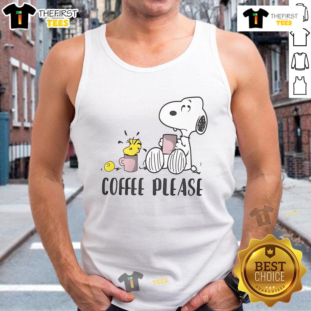 Cute Snoopy and Woodstock coffee please tank top design featuring vibrant graphics and playful characters.