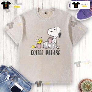 Alt Text: Cute Snoopy and Woodstock graphic on a coffee-themed washed t-shirt, perfect for casual wear and Peanuts fans.