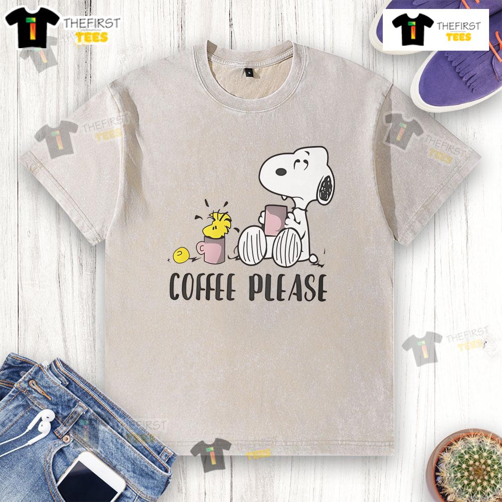 Alt Text: Cute Snoopy and Woodstock graphic on a coffee-themed washed t-shirt, perfect for casual wear and Peanuts fans.