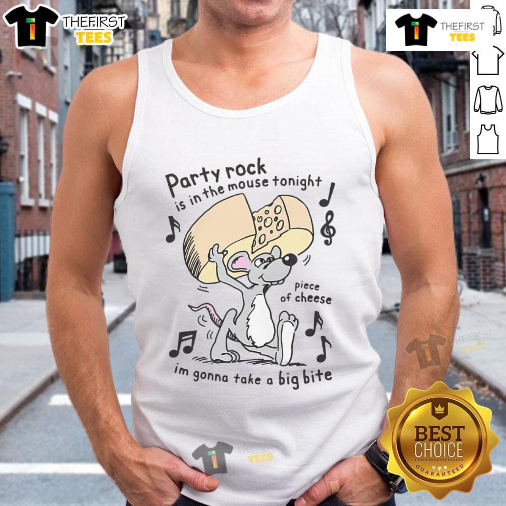 Funny party tank top featuring a mouse with cheese and the phrase 'Rock Is In The Mouse Tonight' for a playful look.