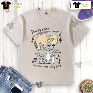 Funny party rock mouse graphic on a washed t-shirt with cheese image, perfect for casual wear and humor lovers.