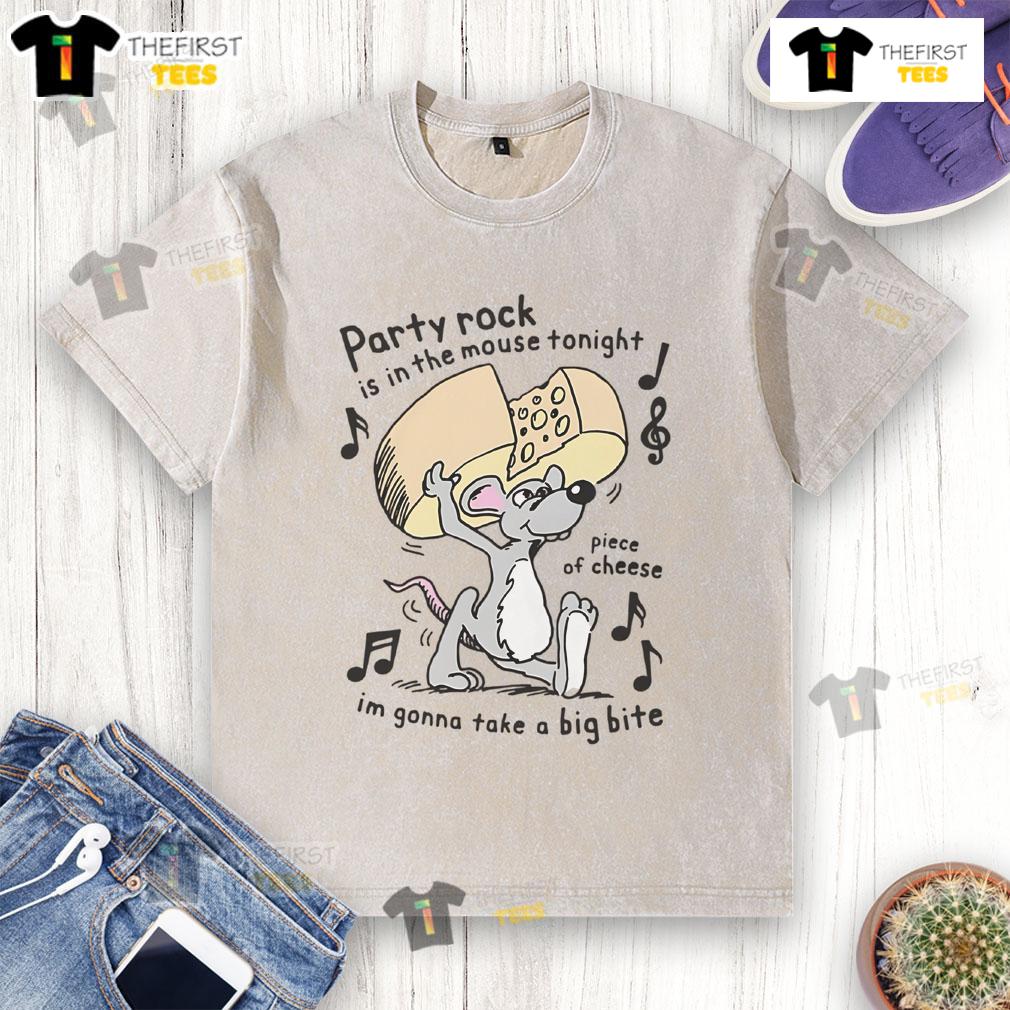 Funny party rock mouse graphic on a washed t-shirt with cheese image, perfect for casual wear and humor lovers.