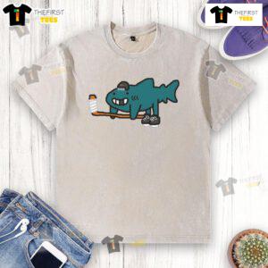 Funny San Jose Sharks art on a washed t-shirt, showcasing vibrant colors and playful design for hockey fans.