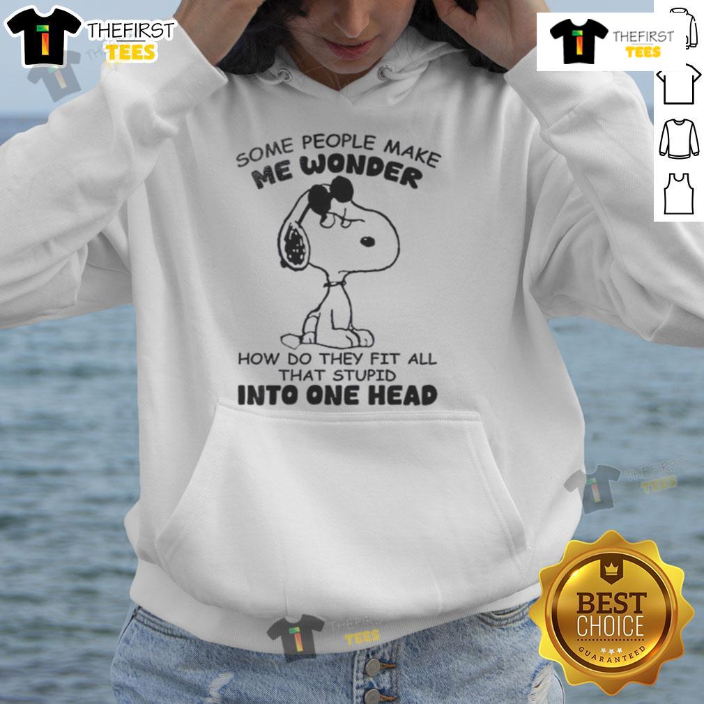 Funny Snoopy hoodie design featuring a humorous quote about people's intelligence and fitting in their thoughts.