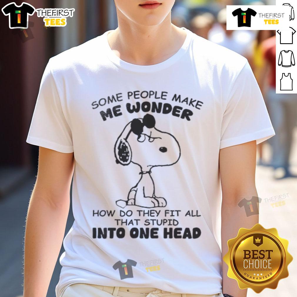 Funny Snoopy graphic tee featuring the phrase about fitting stupidity in one head, perfect for humor lovers.