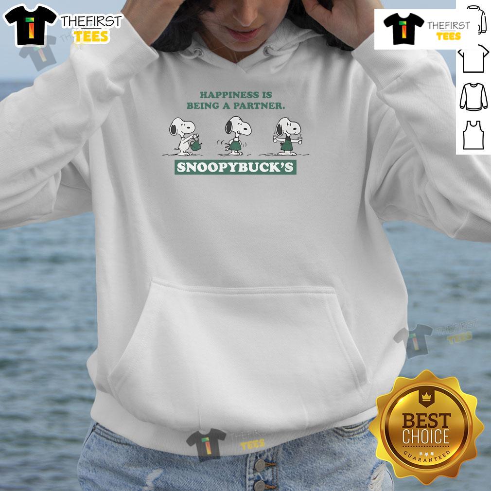 Alt Text: Funny Snoopybucks hoodie featuring 'Happiness Is Being A Partner' design, perfect for coffee lovers and couples.