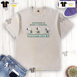 Alt Text: Funny Snoopybucks T-Shirt featuring 'Happiness Is Being A Partner' design, perfect for coffee lovers and couples.