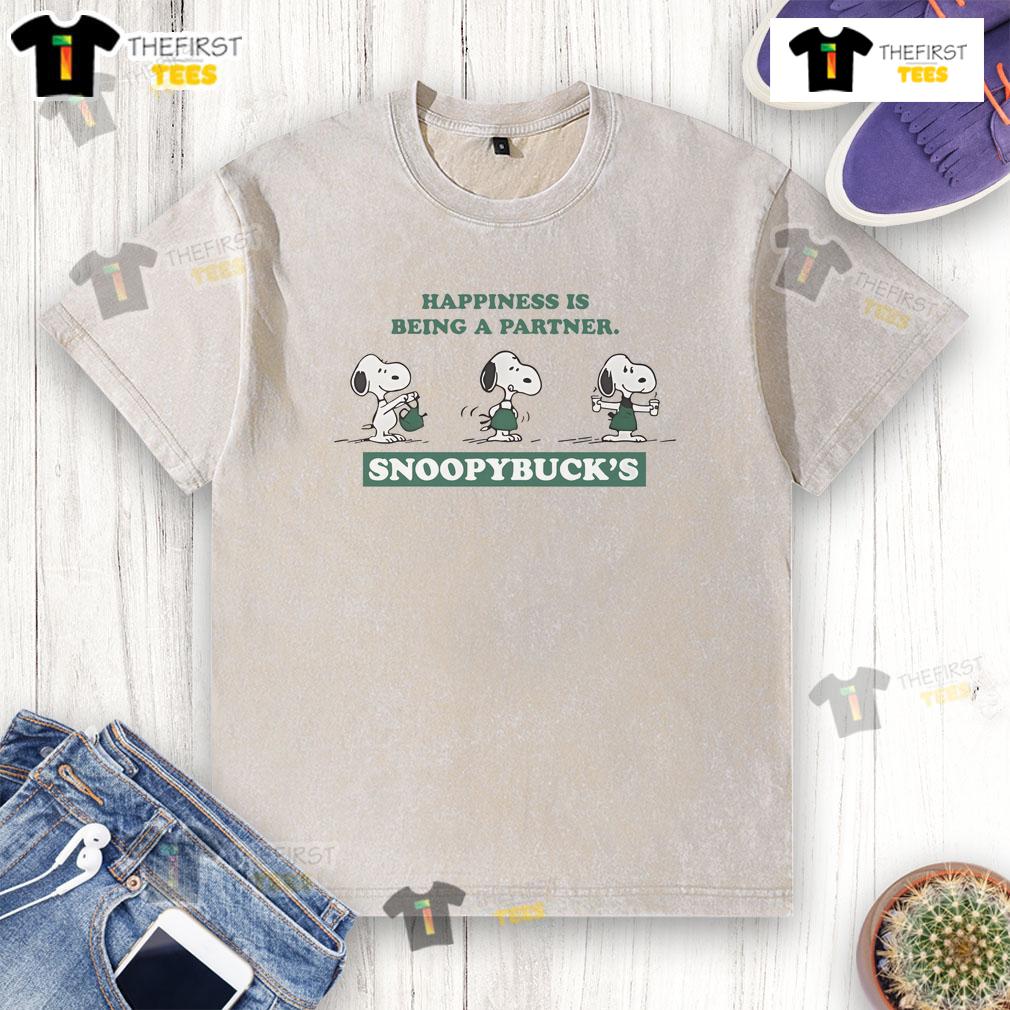 Alt Text: Funny Snoopybucks T-Shirt featuring 'Happiness Is Being A Partner' design, perfect for coffee lovers and couples.