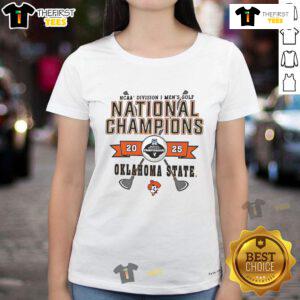 Alt Text: Good Champion Oklahoma State Cowboys White 2025 Golf National Champions Ladies Tee for sports fans and golfers.