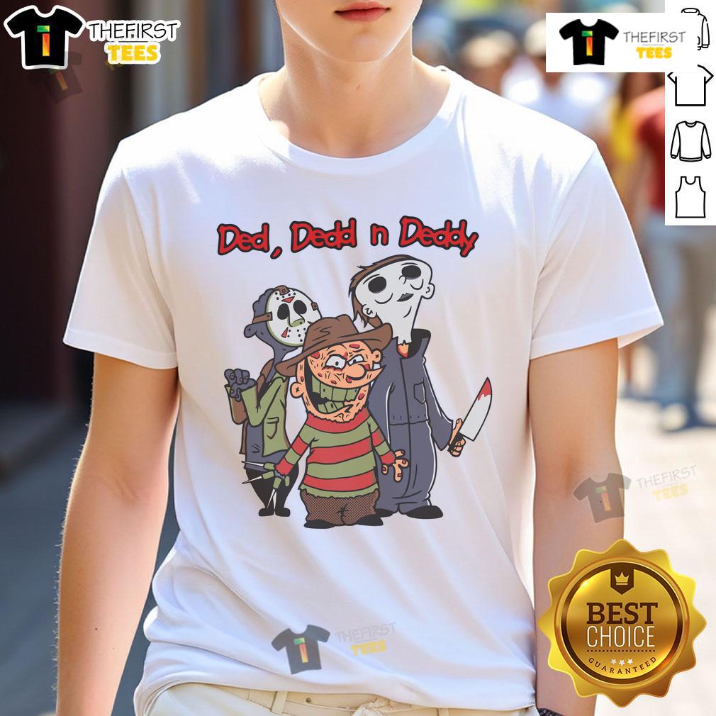 Good Ded Dedd N Deddy horror movie killers cartoon Halloween T-shirt featuring spooky characters for Halloween fun.