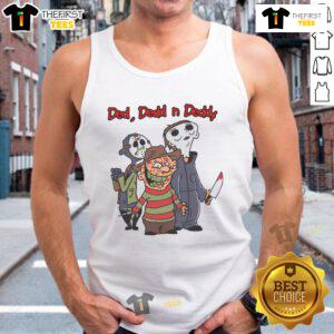 Cartoon design of Good Ded Dedd N Deddy horror movie killers on a Halloween tank top, perfect for spooky season style.