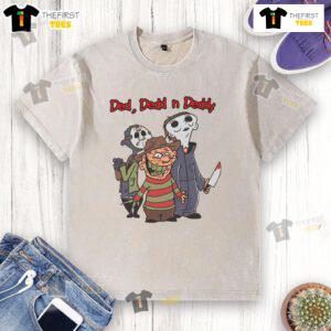 Cartoon design of Good Ded Dedd N Deddy horror movie killers on a washed t-shirt, perfect for Halloween enthusiasts.