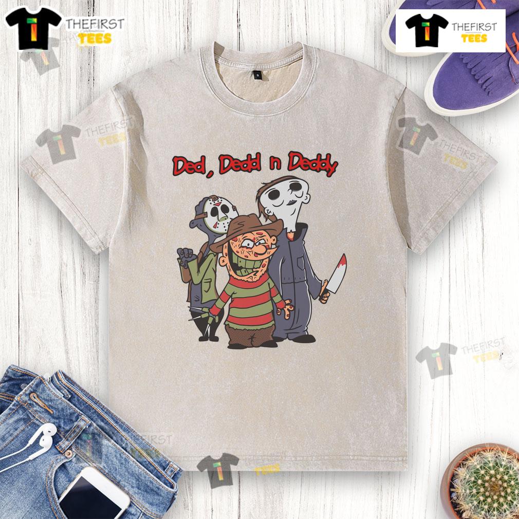 Cartoon design of Good Ded Dedd N Deddy horror movie killers on a washed t-shirt, perfect for Halloween enthusiasts.