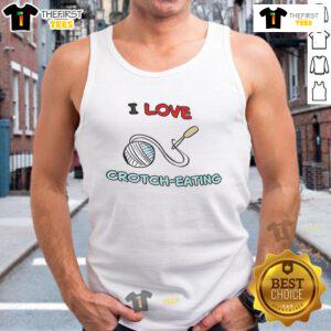 Model wearing a 'Good I Love Crotch Eating' tank top, showcasing a playful and bold graphic design for casual fashion.
