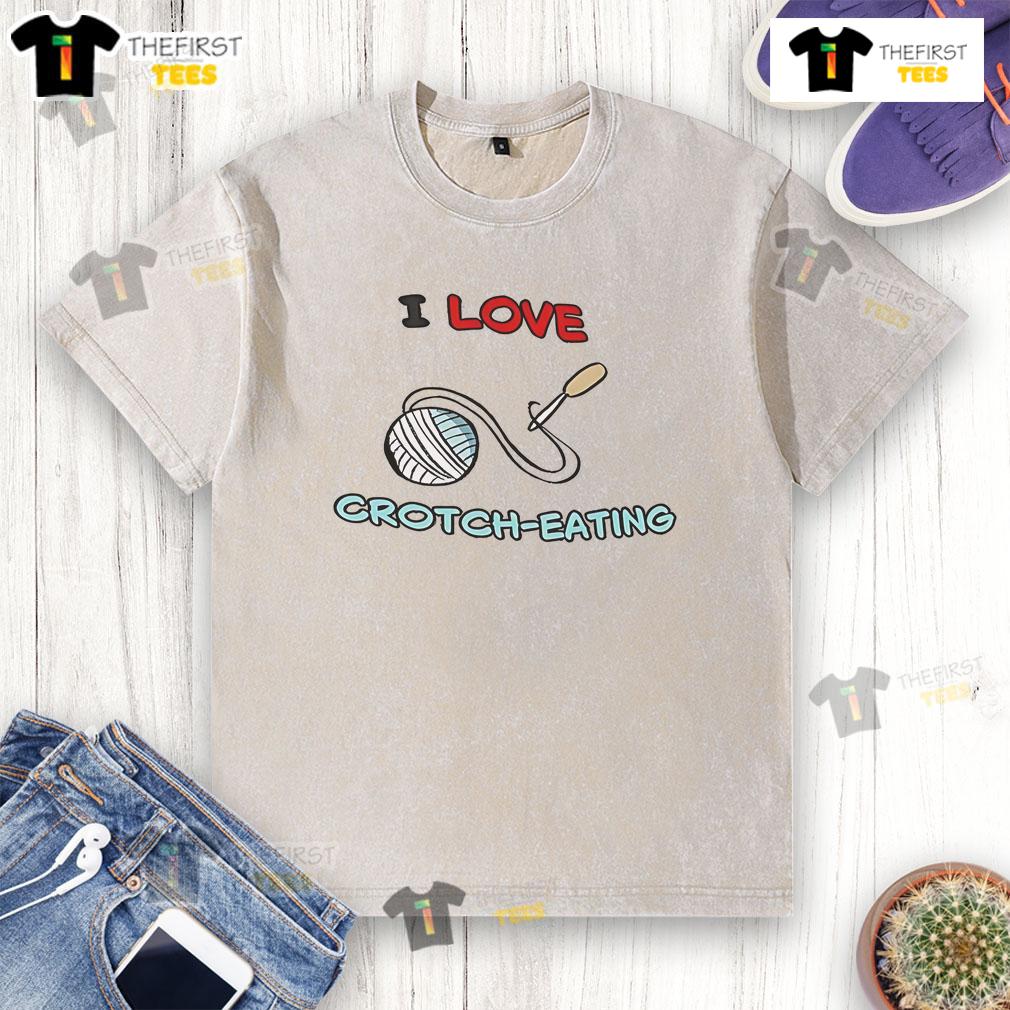 Good I Love Crotch Eating washed t-shirt displayed on a hanger, showcasing its unique design and vibrant colors.