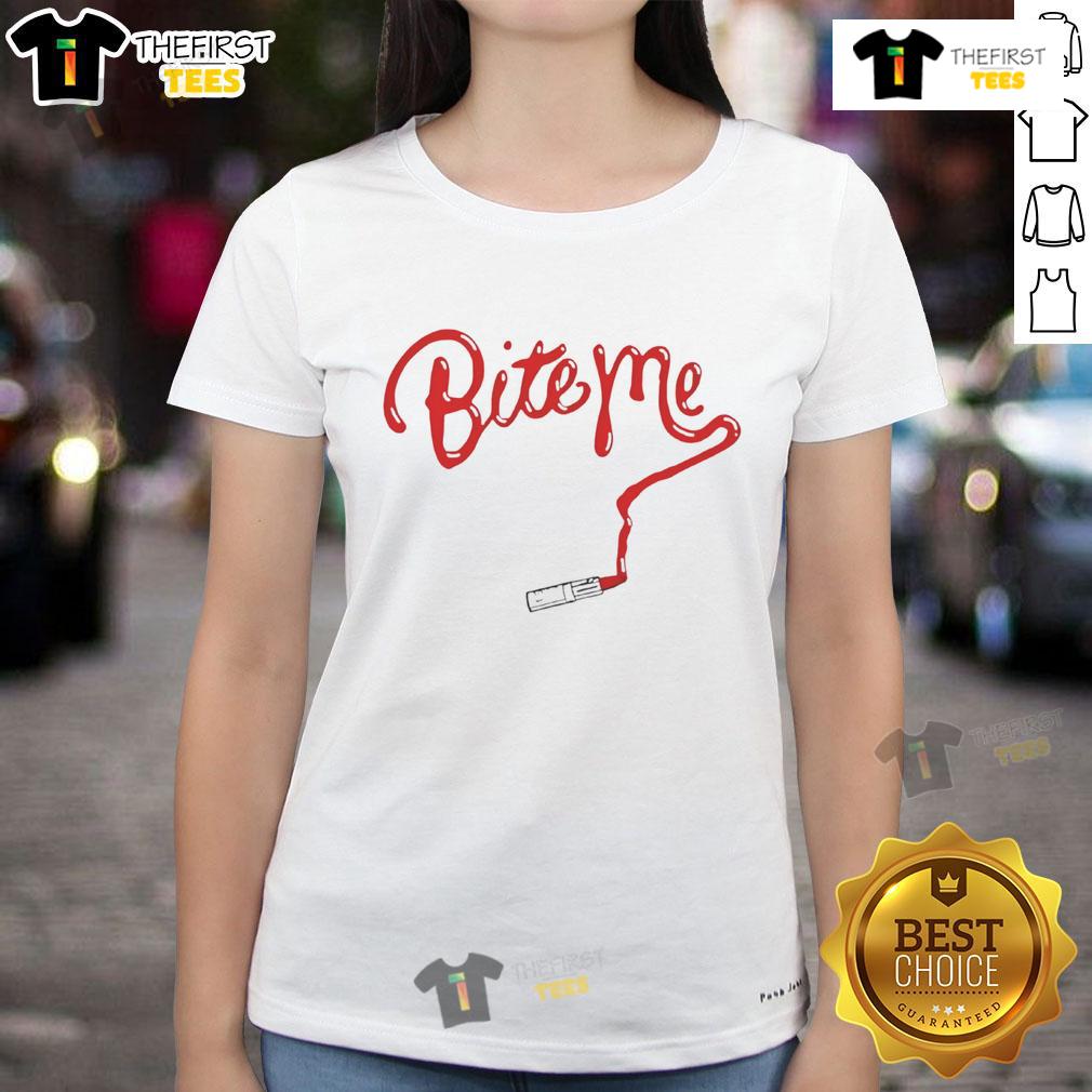 Nice Bite Me Lipstick Ladies Tee featuring a stylish graphic and vibrant colors, perfect for bold fashion statements.