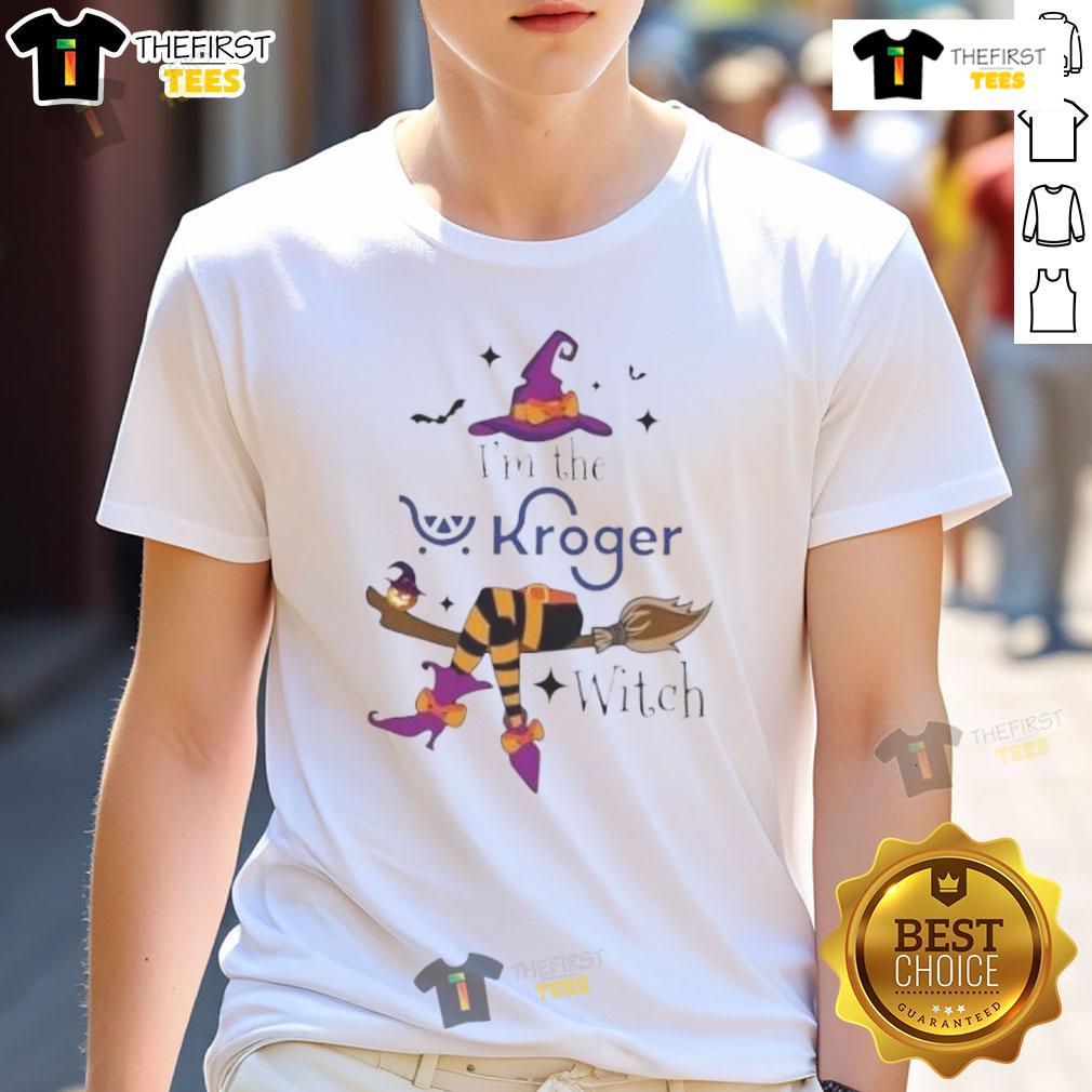Funny 'Nice I'M The Kroger Witch' Halloween T-Shirt featuring a playful witch graphic, perfect for Halloween festivities.