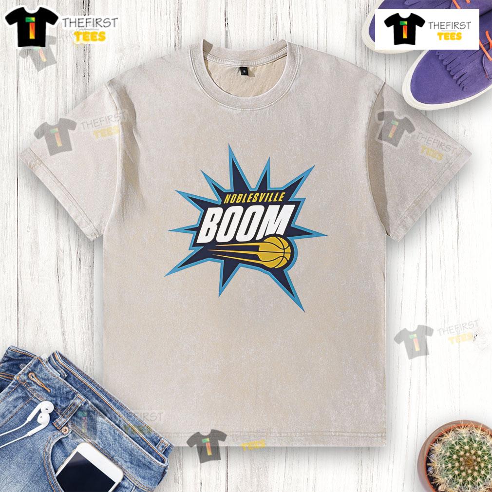 Nice Noblesville Boom White Essential Baseball Washed T-Shirt displayed on a wooden background, perfect for casual wear.