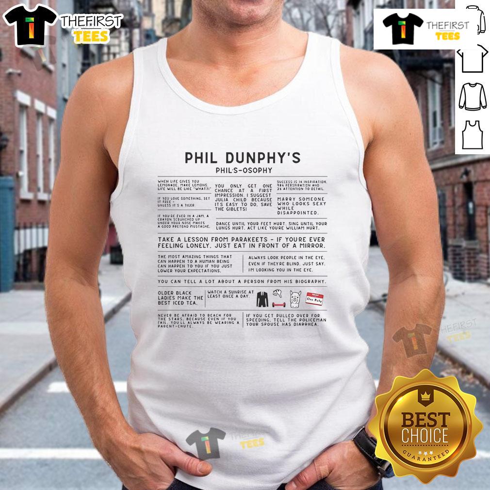Phil Dunphy's 'Phils-osophy' tank top featuring a fun design, perfect for fans of Modern Family and summer style.