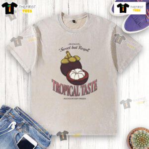 Vintage washed t-shirt featuring a tropical mangosteen graphic for a stylish and fruity summer vibe.