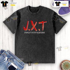 Official JXT Straight Outta Melbourne washed t-shirt showcasing a trendy design perfect for casual wear.