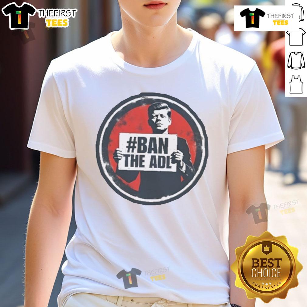 Official Kasey Lynae wearing John F. Kennedy 'Ban The ADL' t-shirt, showcasing a bold statement on free speech.